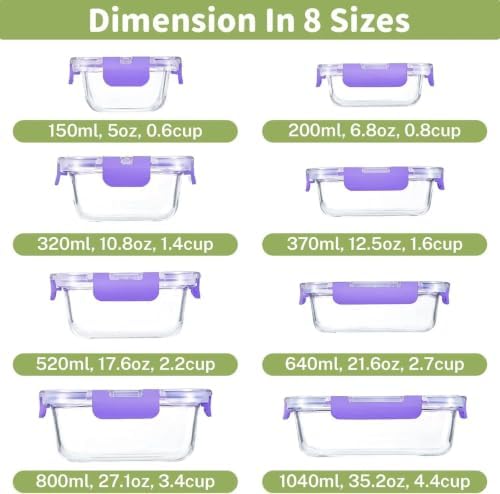 8 Pack Glass Food Storage Containers with Snap Locking Lids for Meal Prep