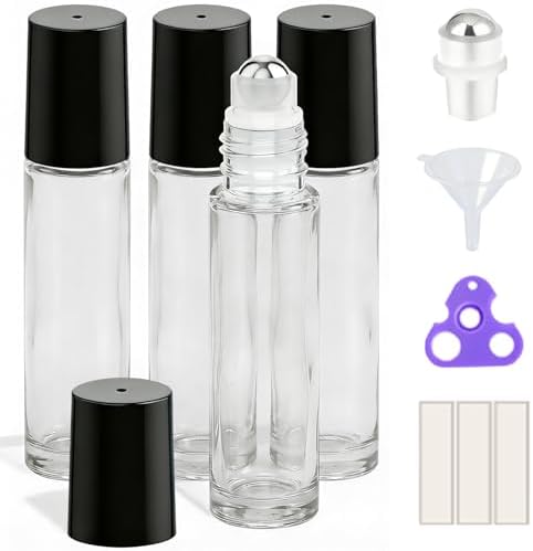 PrettyCare 4 Pack, 10 ml Essential Oil Roller Bottles with Stainless Steel Roller Ball - Refillable Leak-proof Empty Thick Clear Glass Roll on Bottles with Black Caps for Travel, Perfume by PrettyCare