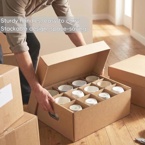 2 Pack Mug Moving Boxes, Cup Packing Boxes with Dividers, Handles & Lids