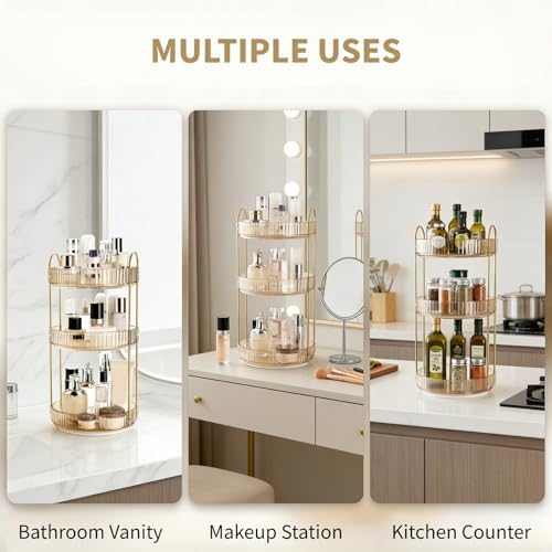 360 Rotating Makeup Organizer, 3 Tiers Plastic Bathroom Spinning Holder Rack, Round Lazy Susan Organizer, Large Capacity Countertop Shelf for Cosmetics, Perfume, Skincare, Spice, Toiletries