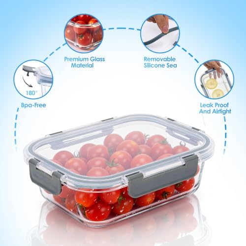 5 Pack 22 oz Glass Food Storage Containers with Lids, Grey