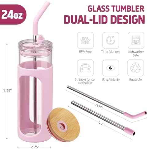 24oz Glass Tumbler with 2 Lids and Straws, Glass Cup With Bamboo Lid and On-the-go Lid, Reusable Iced Coffee Cup, Ideal for Smoothie, Cold Drinks, Fit Cup Holder, BPA Free (1, Pink)