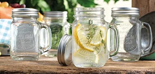 Mason Drinking Jars – Set of 4, 15.25 Oz Clear Glass Jar with Handle and Lid. – Ice-Cold Drink Glassware Logo – Glass Mugs Ideal for Cold Beverages, Juice, Smoothie, Cocktails.