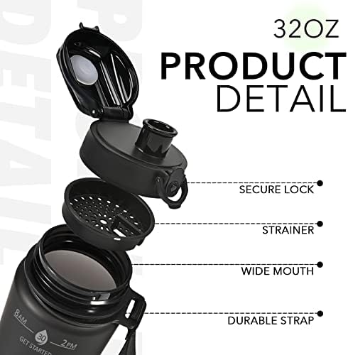 32oz Water Bottle with Time Marker, Motivational Drinking Bottle with Strap, BPA-Free Leak-Proof, Encouraging Water Bottle Time to Drink Water for Gym School Office Travel