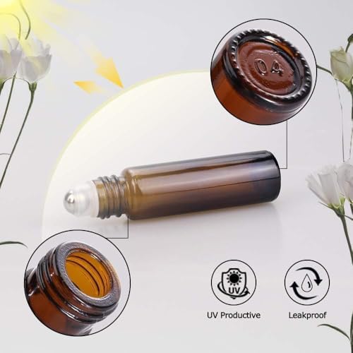 Roller Bottles for Essential Oils - 12 Pack 10ml Amber Glass Roll on Bottle - Image 2