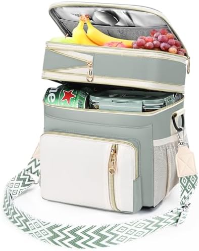 Lunch Box & Lunch Bag for Women Men Double Deck,Large Insulated Adult Lunch Box Leakproof Lunchbox Cooler Bag for Work Picnic Beach,（Olive Green16L）
