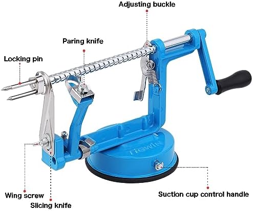 Apple Peeler Corer, Long lasting Chrome Cast Magnesium Alloy Apple Peeler Slicer Corer with Stainless Steel Blades and Powerful Suction Base for Apples and Potato(Lake Blue)