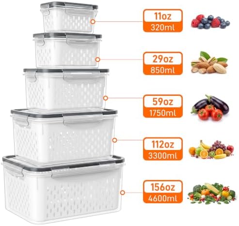5 Pack Large Fruit Storage Containers for Fridge Set, Removable Colander