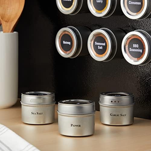 Magnetic Spice Jars - 3 oz, Stainless Steel, 24-Pack - Spice Tins with Sift & Pour Lids & Fridge Magnets for Kitchen Organization