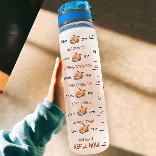 Personalized Fox Lovers 32 Oz 1Liter Motivational Water Bottle, Once Upon A Time Girl Love Foxes Custom Name Water Bottle With Time Marker, Gifts For Women Girl On Birthday, Mother Day's