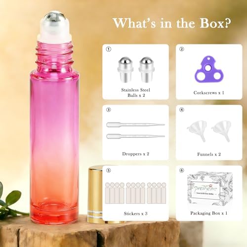 PrettyCare 12 Pack, 10 ml Essential Oil Roller Bottles with Stainless Steel Roller Ball - Refillable Leak-proof Empty Thick Red & Purple Glass Roll on Bottles with Golden Caps for Travel, Perfume - Image 2