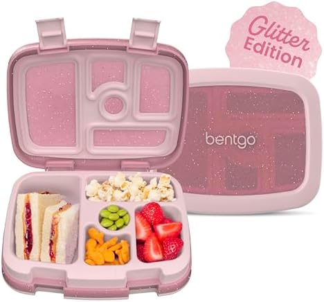 Kids Bento-Style 5-Compartment Leak-Proof Lunch Box - Just-Right Portions Ages 3-7, Durable, Drop-Proof, Dishwasher Safe, PFAS & BPA-Free & Made with Food-Safe Materials (Petal Pink Glitter)