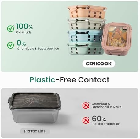 Glass Meal Prep Containers 5 Set, 4.4 Cup Airtight Leakproof Lids, Borosilicate Glass Food Storage Containers, Microwave Oven Freezer Safe, BPA Free Lunch Containers