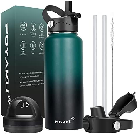 Water Bottle Insulated 32oz 40oz 64oz 128oz Straw Lid Spout Lid & 3 Lids, Leak Proof, Vacuum Insulated,Stainless Steel Water Bottle Wide Mouth for Sports, Gym or Office