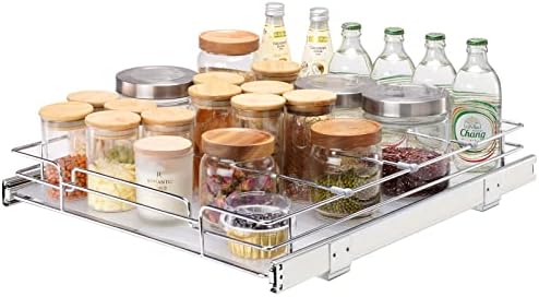 15.5" Wx21 Dx3.5 H Pull Out Cabinet Organizer, Heavy Duty Slide Out Pantry Shelves, Chrome-Plated Steel Roll Out Drawers, Storage for Home Under Sink, 17" Wx22 Dx7 H Install Size for Cabinet