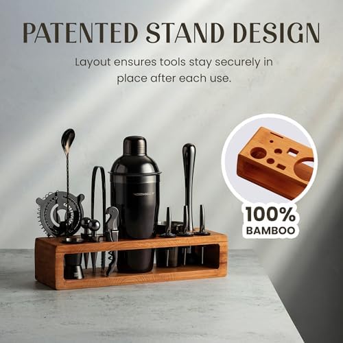 Pro-Graded Cocktail Shaker Set with Stand | Complete Bartender Kit | 24oz Martini Shaker, Jigger, Strainer, Bar Spoon, Tongs, Opener, Muddler, Home Bar Essentials