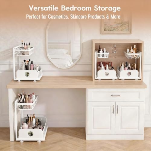 Under Sink Organizer, 1 Pack Under Kitchen Cabinet Organizer, Height Adjustable Pull Out Mute Slide-Out 2 Tier Metal Under Sink Storage for Bathroom, Pantry, Kitchen & Bedroom (White, 1 Pack)