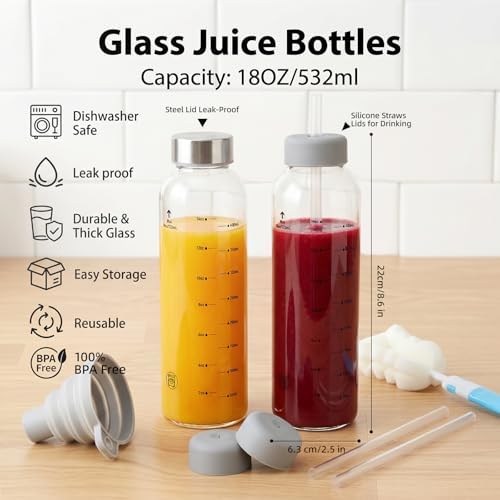 Clear Glass Bottles with Lids, 18oz Glass Water Bottles for Juicing