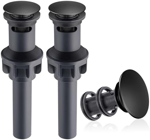 2 Pack Universal Bathroom Sink Drain Stopper, Pop Up Drain Strainer with Overflow, Push and Seal Sink Plug with Basket for Lavatory Vanity Vessel, Anti-Clogging Strainer, Matte Black