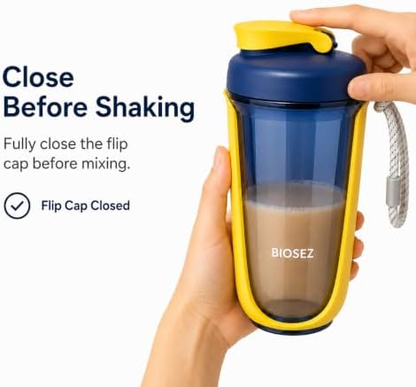 Protein Shaker Bottle, 20 oz BPA-Free Tritan Supplement Shaker Cup with 304 Stainless Steel Mixing Ball, Measurement Markings, Easy Clean, Dishwasher Safe, Yellow