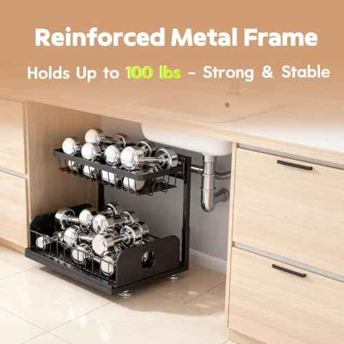 Under Sink Organizer, 2 Pack Under Kitchen Cabinet Organizer, Height Adjustable Pull Out Mute Slide-Out 2 Tier Metal Under Sink Storage for Bathroom, Pantry, Kitchen & Bedroom (Black, 2 Pack)