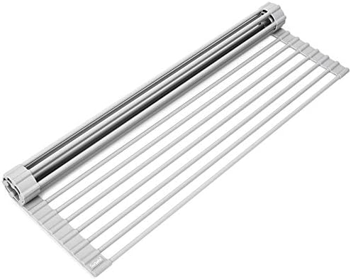 20.5 x 13.1 Inch Roll-Up Dish Drying Rack, Fits Across Sink Openings up to 19.5 Inches, Silicone-Covered Surface, Stainless Steel Core, Warm Gray