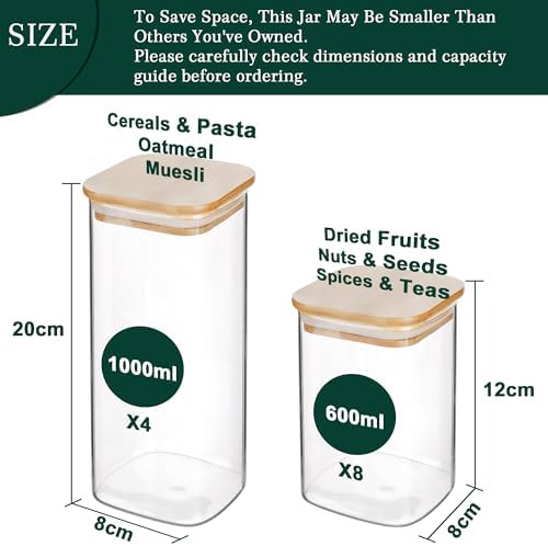 12-Pack Square Glass Storage Jars with Bamboo Lids (0.6Qt/1.06Qt) - Stackable Food Containers for Pantry Organization, Coffee, Flour, Snacks, Tea | Kitchen Canisters Set