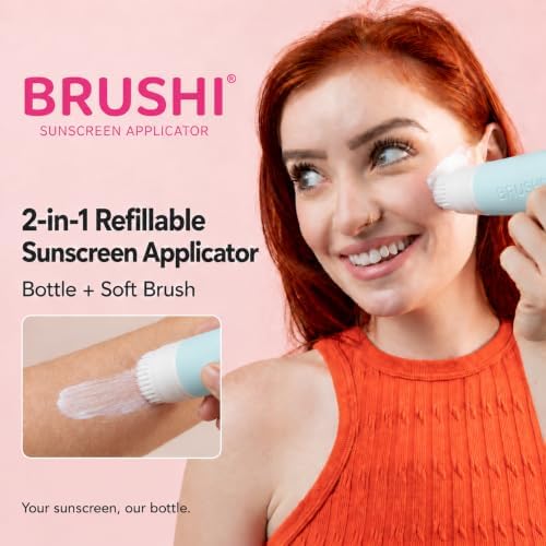 Brushi® Patented Sunscreen Applicator – Refillable Squeezable Bottle with Soft Blending Brush Mess-Free Sunscreen Applicator for Face & Body, Adults & Kids Travel Size 3oz (Cinnamon Bay Blue) - Image 2