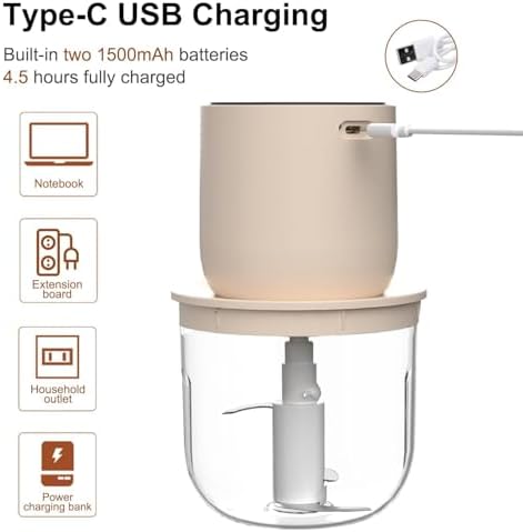 Cordless Mini Food Processor – USB-C Rechargeable 4-Bowl Set (600ML + 3×240ML), Portable Electric Chopper, Blender & Meat Grinder for RV, Dorm, Seniors & Small Kitchens (Beige) - Image 4