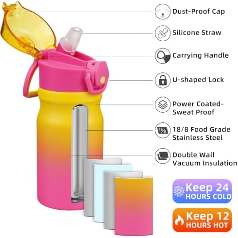 BJPKPK 14 oz Insulated Water Bottle, Straw, Handle, Stainless Steel Flask - Image 2