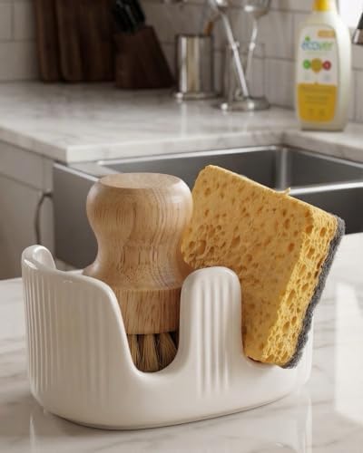 Ceramic Sponge Holder, 2-Slot Dish Sponge Holder for Kitchen Sink, Keeps Sponges Dry & Countertop Clean, Rust-Free & Dishwasher Safe, Stylis Design, Dishwasher Safe, White