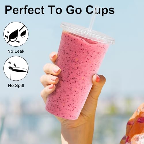 100 Pack 20 oz Plastic Coffee Cups with Lids, Disposable Clear Cups