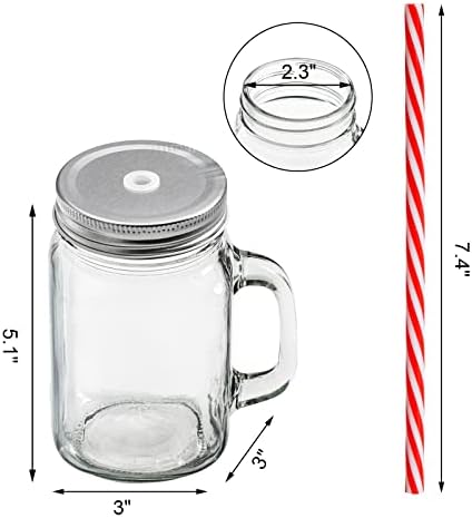 8 Pack 16 oz Glass Mason Jar Mugs with Handle, 16 Tin Lids and 8 Plastic Straws, Old Fashioned Mason Jar Drinking Glasses, Clear Glass Cups for Party and Daily Use