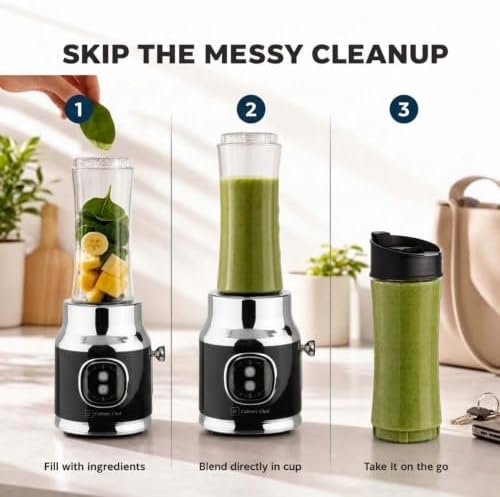 300W Smoothie Maker Blender with 500ml Glass Mason Jar & 600ml BPA-Free Sports Bottle, Personal Smoothie Blender for Smoothies, Shakes, Frozen Fruit & Ice, Black