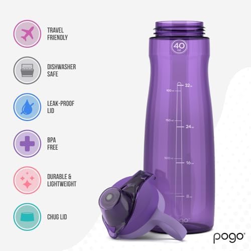 Pogo BPA-Free Tritan Plastic Water Bottle with Chug Lid, 40 Oz, Purple - Image 2