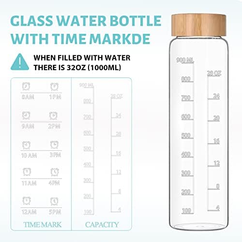 32 oz Glass Water Bottles, 1 L Drinking Bottle With Bamboo Lid