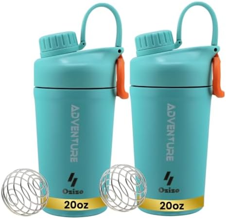 Ozizo 2 Pack Stainless Steel Insulated Protein Shaker Bottle, 20oz Leak Proof Shaker Cup with Wire Whisk Ball for Protein Mixes, Hot & Cold Drinks, Gym & Fitness (Blue + Blue) by Ozizo