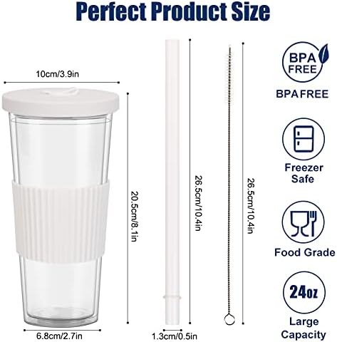 2 Pack Reusable Boba Tea Cups, 24oz Iced Coffee Cup with Straw and Lid, Leakproof Clear Plastic Cups Tumbler, Double Wall Insulated Smoothie Tumbler, Wide Straw for Bubble Tea, Black and White