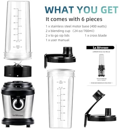 Smoothie Blender with 2 x 24oz To-Go Cups, 400W, Stainless Steel