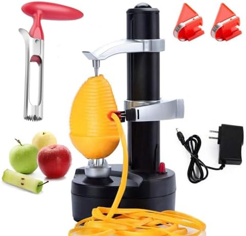 Electric Potato Peeler Automatic Potato Peeler Machine, Electric Peeler Fruits and Vegetables, Apple Peeling Machine for Kitchen [1 Adapter 2 Extra Blades] with Apple Corer (Black-C)