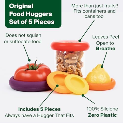 5pc Reusable Silicone Food Savers | BPA Free | Plastic Free Food Storage | Dishwasher Safe | Fruit & Vegetable Storage for Onion, Tomato, Lemon, Banana & Cans | Round, Autumn Harvest