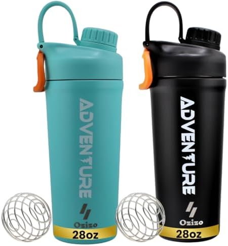 Ozizo 2 Pack Stainless Steel Insulated Protein Shaker Bottle, 28oz Leak Proof Shaker Cup for Protein Mixes with Wire Whisk Ball, Black and Blue by Ozizo