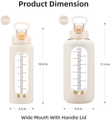 32 oz Glass Water Bolttles with Straw Large Motivational Water Bottle with Time Marker Sports Water Bottles with Silicone Sleeve and Handle Lid Water Jug for Gym Workout
