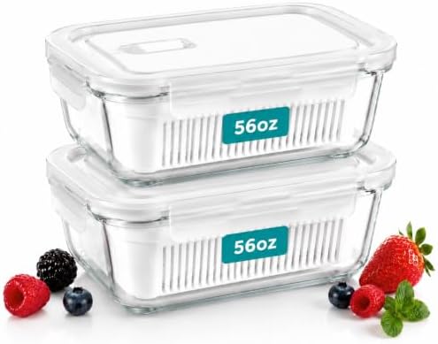2 Pack 56oz Glass Berry Container for Fridge,with Removable Colander and Vent Valve, Fresh ProduceStorage Set（White）