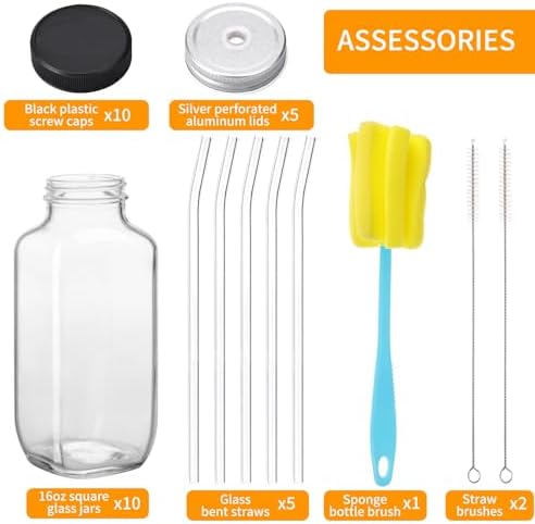 10pcs 16oz Glass Juice Bottles with Lids