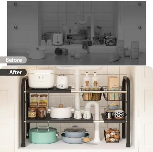 Expandable Under Sink Organizer, 2 Tier Under Sink Shelf