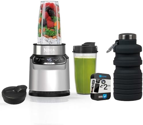 Ninja BN401 Nutri-Blender Pro with Auto-iQ, 1100W Motor (2) 24oz Cups (Renewed) Bundle with Deco Essentials Collapsable Water Bottle and 2 YR CPS Enhanced Protection Pack by Amazon+Renewed