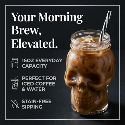 Skull Mason Jar Mug Tumbler Glass Cups with Cover and Straw, Halloween Decor, Drinking Glasses - 16oz - Set of 2