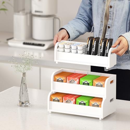 3-Tier Bamboo Tea Box Rack with Removable Dividers, Wall Mount Large Capacity for Pantry Drawer Cabinet Kitchen Office Coffee StationTea Bag Organizer, Stackable Tea Holder for Countertop, White