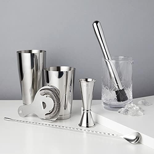 Bartender Kit for Mixed Drinks and Cold Brew Cocktails, Includes Boston Cocktail Shakers, Mixing Glass, Jigger, Muddler, Strainer, Bar Spoon for Home Bar, Gifts for Men, Bartender Gifts, 7-Piece